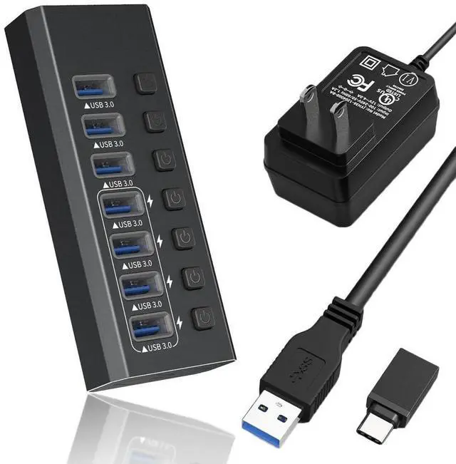 Main image of Powered USB Hub, 7-Port USB Splitter Hub (7 Data Transfer Ports+ 4 Smart Charging) with Individual LED On/Off Switches, USB Hub 3.0 Powered with Power Adapter for Mac, PC