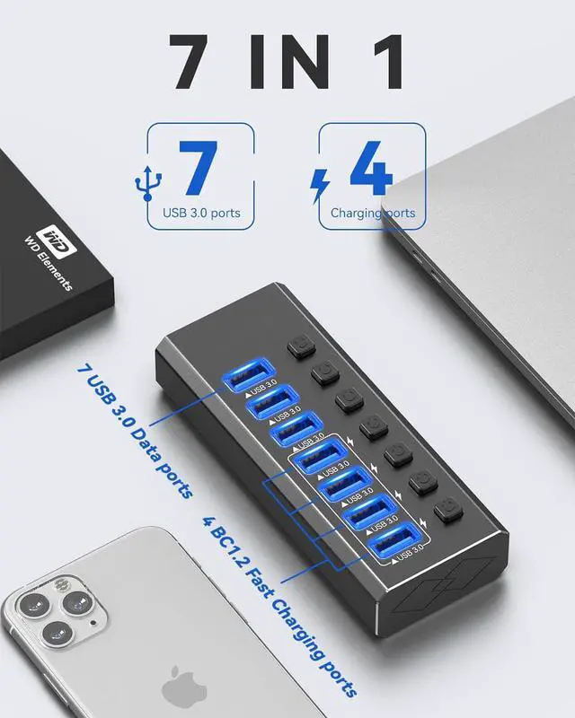 Alt view image 2 of 7 - Powered USB Hub, 7-Port USB Splitter Hub (7 Data Transfer Ports+ 4 Smart Charging) with Individual LED On/Off Switches, USB Hub 3.0 Powered with Power Adapter for Mac, PC