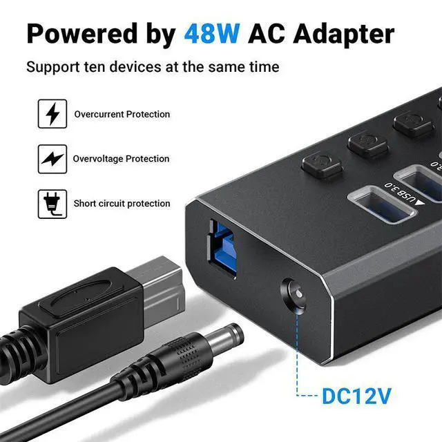 Alt view image 5 of 7 - Powered USB Hub, 7-Port USB Splitter Hub (7 Data Transfer Ports+ 4 Smart Charging) with Individual LED On/Off Switches, USB Hub 3.0 Powered with Power Adapter for Mac, PC