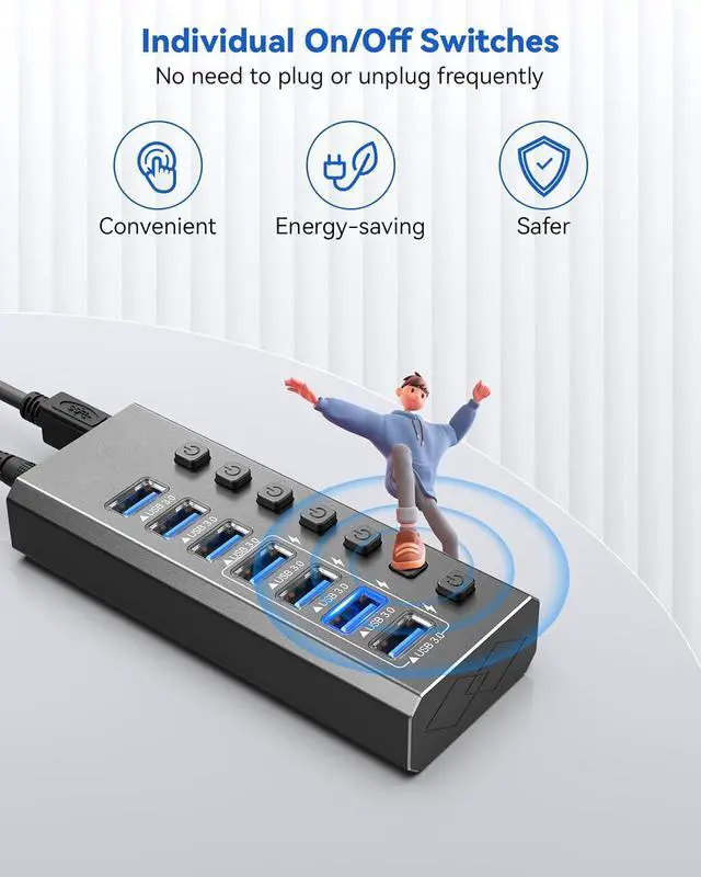 Alt view image 6 of 7 - Powered USB Hub, 7-Port USB Splitter Hub (7 Data Transfer Ports+ 4 Smart Charging) with Individual LED On/Off Switches, USB Hub 3.0 Powered with Power Adapter for Mac, PC