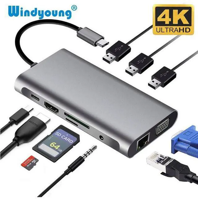 Main image of USB C HUB,10 in 1 USB Type C to HDMI VGA Converter Dongle, RJ-45 Gigabit Ethernet,3 USB 3.0 Ports, SD/TF Slots,3.5mm Audio Output, and USB Type-C PD for MacBook Pro and Other Type C Laptops