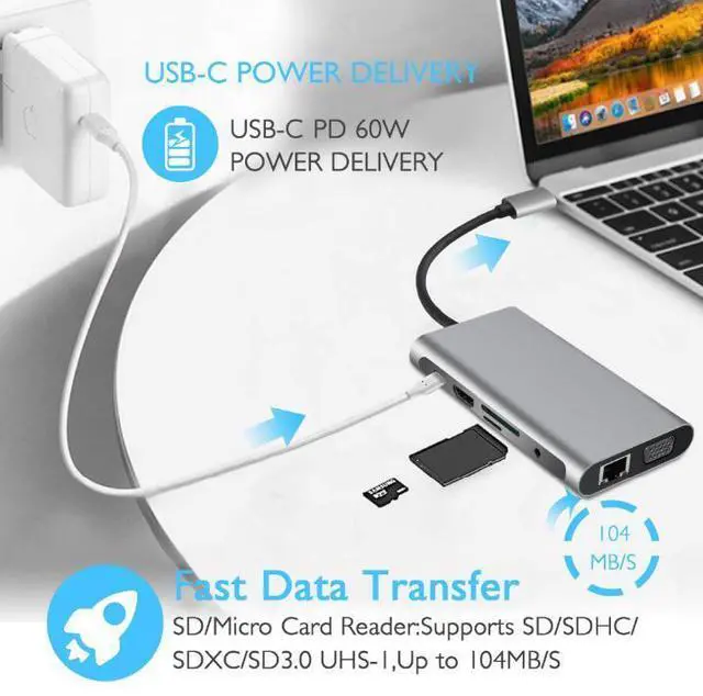 Alt view image 4 of 7 - USB C HUB,10 in 1 USB Type C to HDMI VGA Converter Dongle, RJ-45 Gigabit Ethernet,3 USB 3.0 Ports, SD/TF Slots,3.5mm Audio Output, and USB Type-C PD for MacBook Pro and Other Type C Laptops