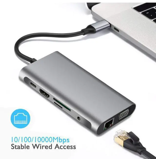 Alt view image 5 of 7 - WRIARICH 10 in 1 USB C Hub for MacBook , MacBook Pro, Lenovo, with 4K HDMI + 1080P VGA + RJ-45 Gigabit Ethernet + 3 USB 3.0 Ports + SD/TF Card Reader + PD Type C Charging Port + 3.5mm Audio Output