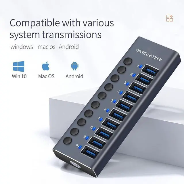 Alt view image 6 of 7 - 10-Port 60W USB 3.0 Hub with Individual Power Switches and LEDs Includes 60W 12V/5A Power Adapter