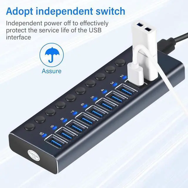 Alt view image 4 of 7 - 10-Port 60W USB 3.0 Hub with Individual Power Switches and LEDs Includes 60W 12V/5A Power Adapter