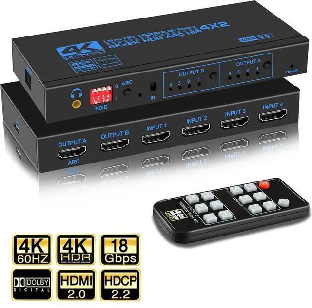 Main image of WRIARICH HDMI Matrix Switch 4x2, 4K HDMI Matrix Switcher Splitter 4 in 2 Out Box with EDID Extractor and IR Remote Control Support 4K HDR, HDMI 2.0b, HDCP 2.2, 4K@60Hz, 3D, 1080P (OZJ2-1)