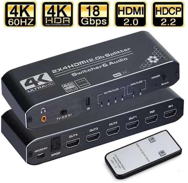Main image of HDMI Switch Splitter 2x4 with Audio Extractor, 4K@60Hz Ultra HD HDMI Switcher with Optical TOSLINK SPDIF, 3.5mm Audio Support HDCP 2.2, HDMI2.0b, 4K@60HZ, RGB4:4:4, 4K HDR , Remote Control