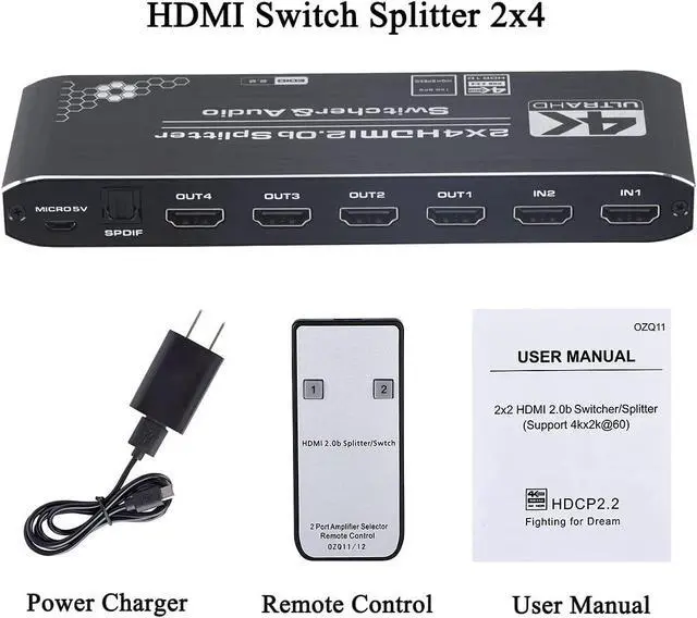 Alt view image 7 of 7 - HDMI Switch Splitter 2x4 with Audio Extractor, 4K@60Hz Ultra HD HDMI Switcher with Optical TOSLINK SPDIF, 3.5mm Audio Support HDCP 2.2, HDMI2.0b, 4K@60HZ, RGB4:4:4, 4K HDR , Remote Control
