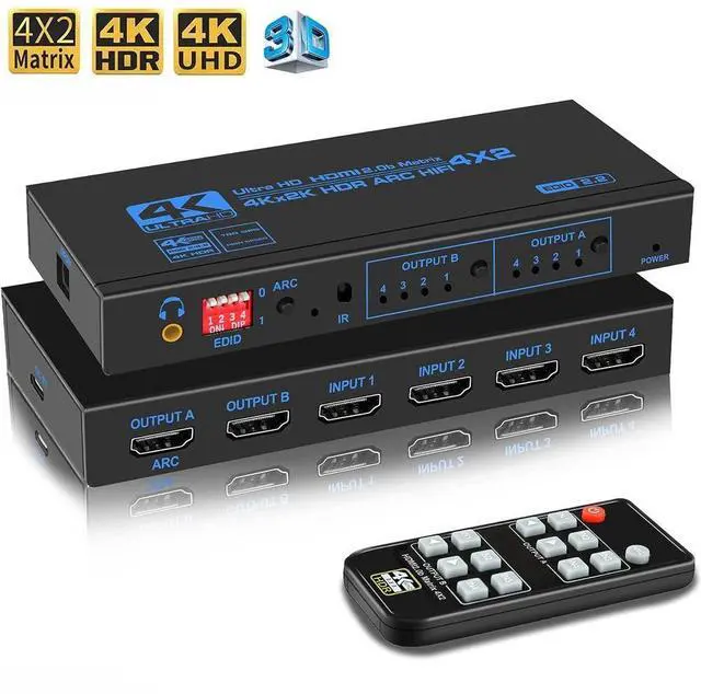 Main image of WRIARICH 4x2 HDMI Matrix Switch,4 in 2 Out Matrix HDMI Video Switcher Splitter +Optical & 3.5mm Audio Output,Support Ultra HD 4K,3D 1080P,Audio EDID Extractor with IR Remote Control (OZJ2-1)