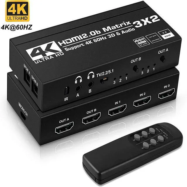 Main image of 3x2 HDMI Matrix Switch Up to 4K 60Hz RGB 8:8:8, HDR, HDMI 2.0, HDCP 2.2/1.4, Auto Downscaling, IR Remote, 2xSPDIF Audio, 2x3.5mm L/R Audio, 3 in 2 Out Video (OZJ5)