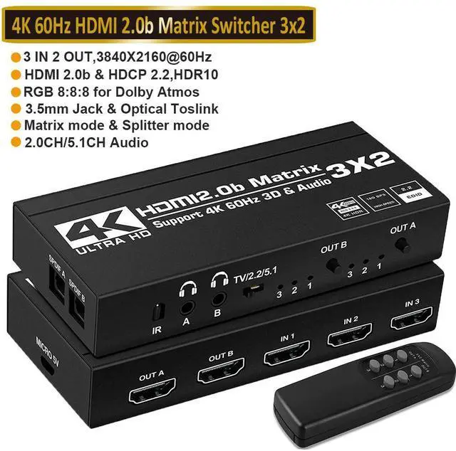 Main image of 4K@60Hz HDMI Matrix Switch 3 X 2 Switcher 18G UltraHD Supports Up to 4K @ 60Hz & 1080P IR EDID HDCP 2.2- Remote Control (OZJ5)
