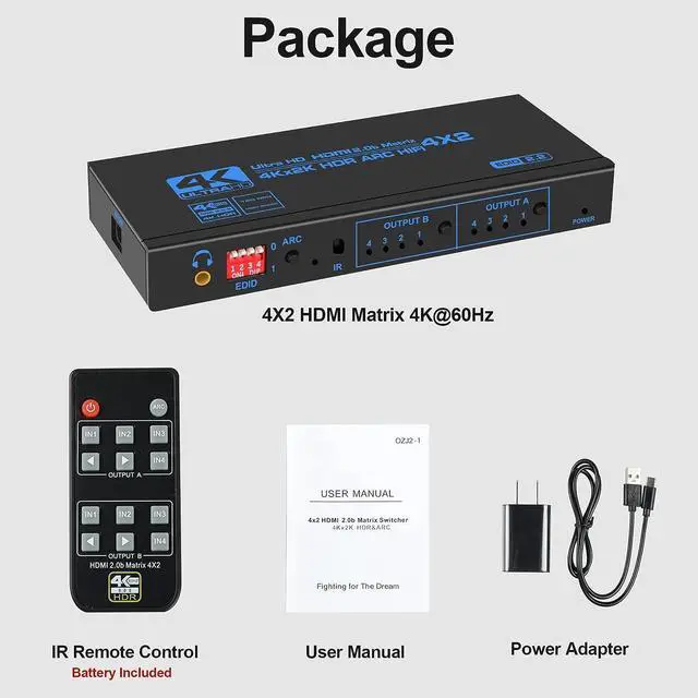 Alt view image 7 of 7 - WRIARICH 4X2 Matrix HDMI-compatible HD 4X2 Martrix toslink audio ARC 2.0 HDMI-compatible Matrix Switch Splitter HDMI 4 in 2 out switch with EDID Extractor and Remote Control (OZJ2-1)