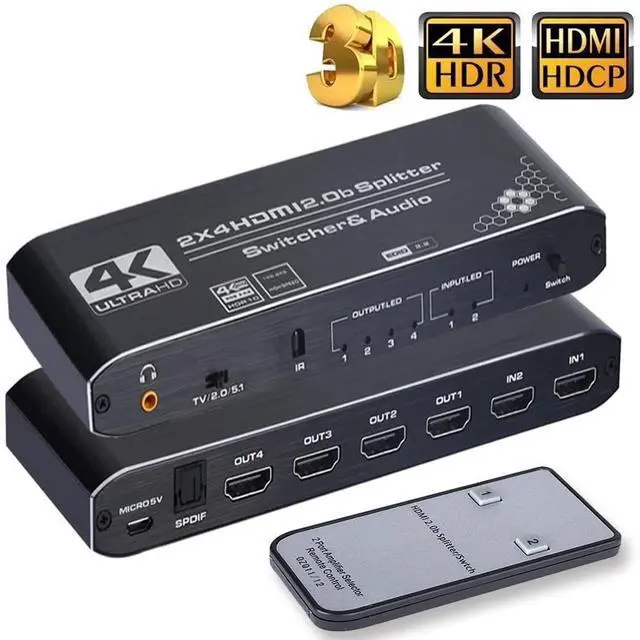 Main image of HDMI Switch Splitter 2x4 with Audio Extractor, 4K@60Hz Ultra HD HDMI Switcher with Optical TOSLINK SPDIF, 3.5mm Audio Support HDCP 2.2, HDMI2.0b, 4K@60HZ, RGB4:4:4, 4K HDR (Remote Control)