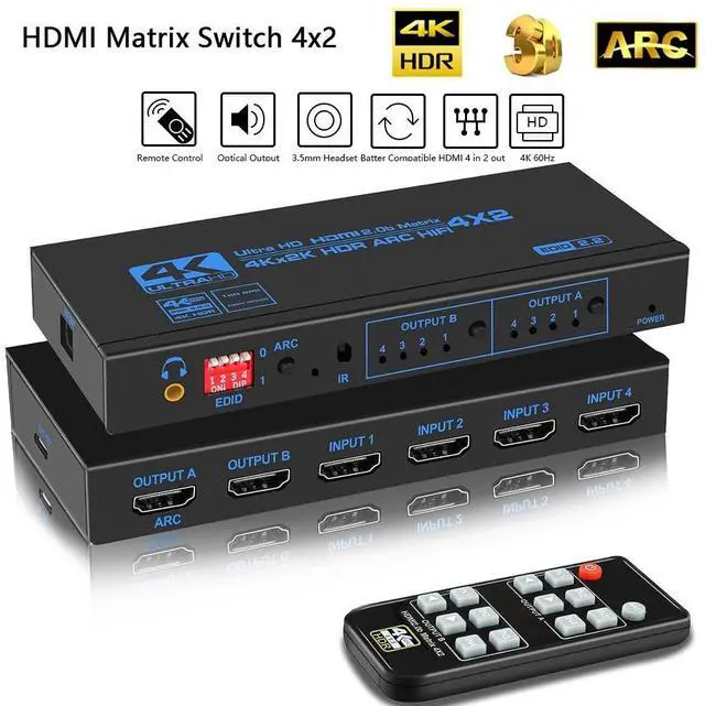 Main image of WRIARICH 18.5 Gbps 4K@60Hz HDMI-compatible Matrix 4x2 HDMI2.0b Switch Splitter with SPDIF and 3.5mm HDR 4x2 Support HDCP 2.2 3D (OZJ2-1)