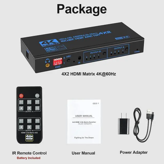 Alt view image 7 of 7 - WRIARICH 18.5 Gbps 4K@60Hz HDMI-compatible Matrix 4x2 HDMI2.0b Switch Splitter with SPDIF and 3.5mm HDR 4x2 Support HDCP 2.2 3D (OZJ2-1)