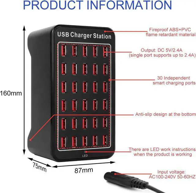 Alt view image 6 of 7 - 30-Port USB Charging Station, 150W/30A USB Charger Station, Multi Ports USB-A Charging Hub with LED Display, Compact Desktop Charger for Multiple Devices, Smartphones,Tables,and More Devices - Black