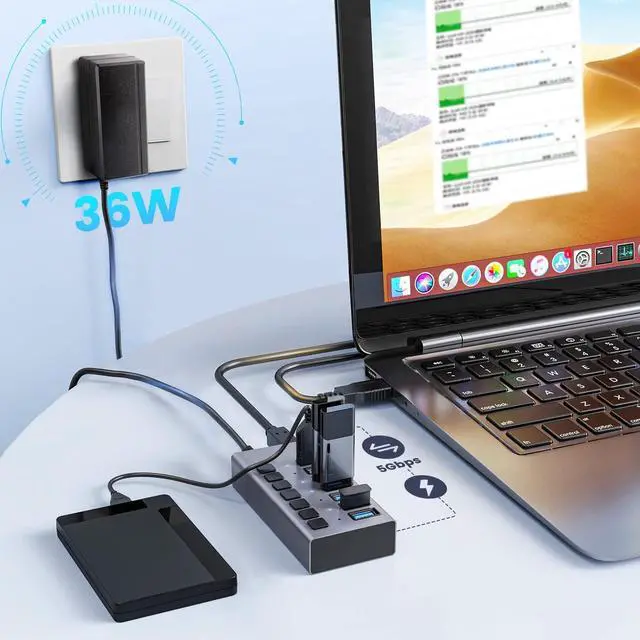 Alt view image 6 of 7 - Powered USB Hub, 7-Port USB 3.0 Hub with 5Gbps 7 USB 3.0 Ports, Individual Switches and 12V3A Power Adapter, Aluminum USB Port Expander for Laptop/PC