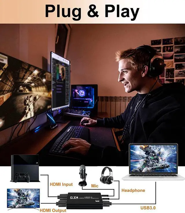 Alt view image 5 of 7 - 4K 60Hz Audio Video Capture Card with Mic & 4K HDMI Loop-Out, 1080p 60fps Video Recorder for Gaming/Live Streaming/Video Conference, Works for Nintendo Switch/PS4/OBS/Camera/ PC