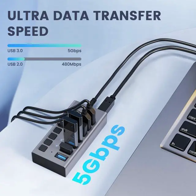 Alt view image 3 of 7 - Powered USB Hub, 7-Port USB 3.0 Hub Splitter (7 USB 3.0 Data Ports + Charging Ports) with Individual LED On/Off Switches, USB Hub 3.0 Powered for USB Flash Drives, Mobile HDD, Printer, Camera and More