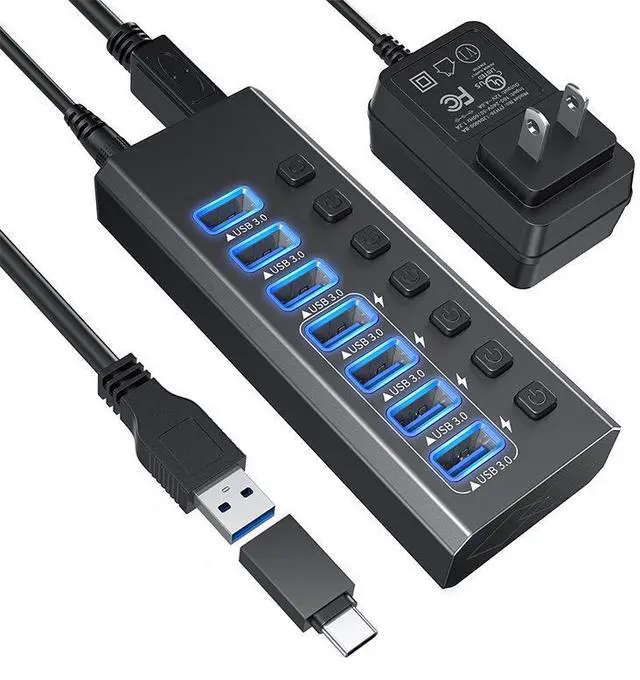 Main image of Powered USB Hub, 7 Port 24W USB Hub 3.0 with 4*USB 3.0 Smart Charging, Individual On/Off Switches, 12V DC Power Adapter for Laptops, PC