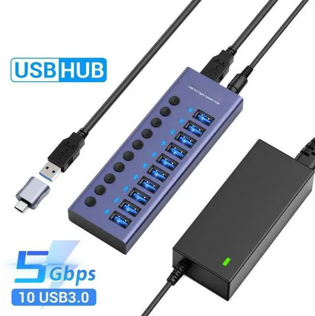 Main image of Powered USB Hub - 10-Port USB 3.0 Hub with Power Adapter, Long Cord, LEDs - Black Aluminum
