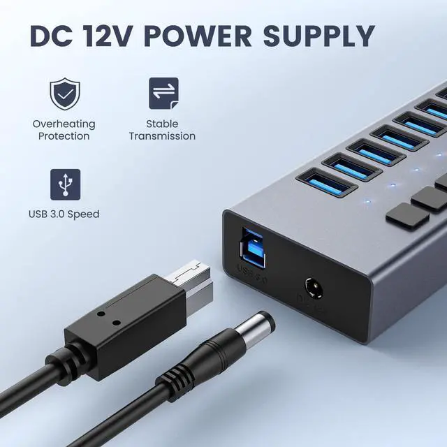 Alt view image 5 of 7 - USB 3.0 Hub, 7 Port Powered USB Hub Expander Aluminum USB 3.0 Data Port hub with Universal 12V/3A Adapter and Individual On/Off Switches USB Splitter for Laptop and PC