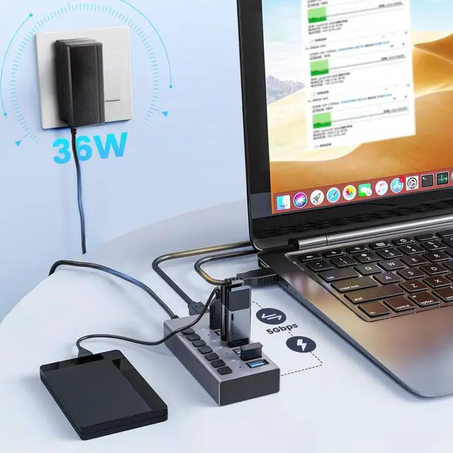 Alt view image 6 of 7 - USB 3.0 Hub, 7 Port Powered USB Hub Expander Aluminum USB 3.0 Data Port hub with Universal 12V/3A Adapter and Individual On/Off Switches USB Splitter for Laptop and PC