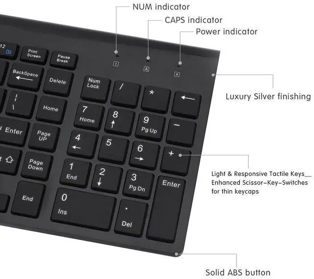Alt view image 3 of 7 - Wireless Keyboard and Mouse, 2.4G Full-Size Keyboard and Mouse Combo, Full Size with Number Pad for PC Desktops, Laptops & Windows (Black)