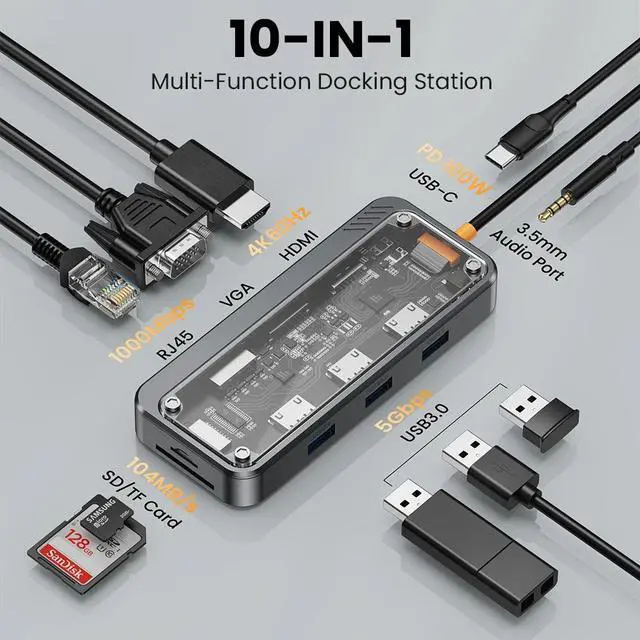 Main image of USB C Hub, 4K HDMI USB C Docking Station, 10 in 1 USB Hub with 3 USB-A 5Gbps, PD 100W, 1000M Network, TF/SD Card Reader,Mic/Audio USB C Adapter Compatible for MacBook Laptops Notebook
