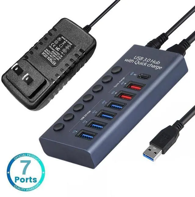 Main image of Powered USB Hub, 7-Port USB Splitter Hub (4 USB 3.0 Data Transmission Ports + 2 Smart Charging Ports + 1 PD Charging Port) with Individual LED On/Off Switches with Power Adapter for Mac, PC