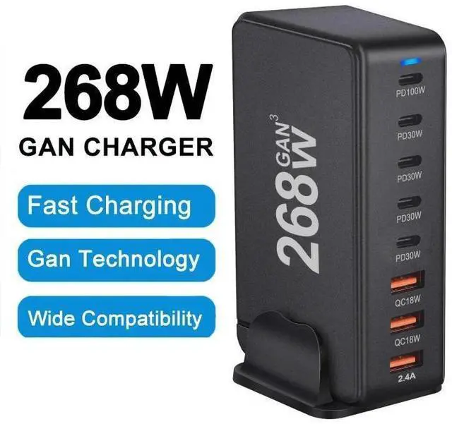 Main image of WRIARICH GaN 268W Fast Charger 8 Port USB A/C Charger QC4.0 PD3.0 Quick Charge for iPad Xiaomi Samsung iPhone Cell Phone Charger QC3.0 Desk Charger Adapter - Black
