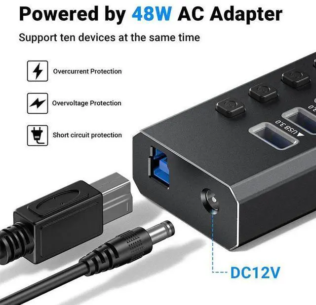 Alt view image 5 of 7 - 7-Port USB A Data Hub with 24W Power Adapter, 7 Data Transfer Ports with 4*USB 3.0 Smart Charging, Individual On/Off Switches, 12V/2A DC Power Adapter for Laptops, PC