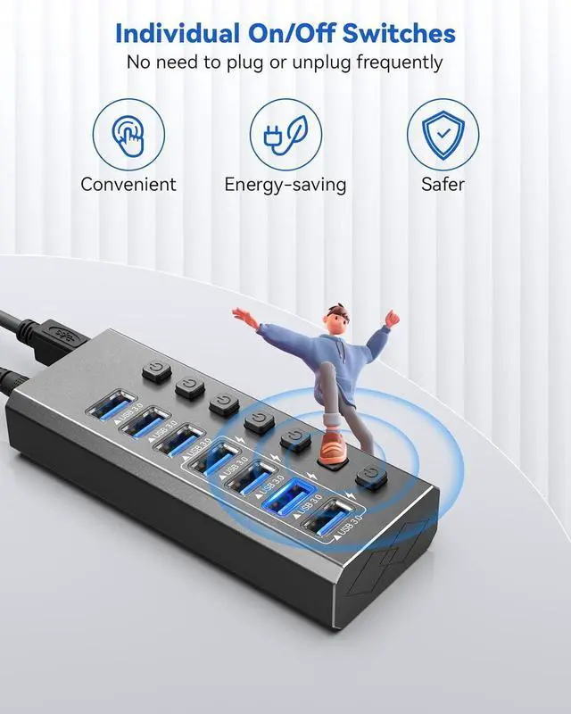 Alt view image 6 of 7 - 7-Port USB A Data Hub with 24W Power Adapter, 7 Data Transfer Ports with 4*USB 3.0 Smart Charging, Individual On/Off Switches, 12V/2A DC Power Adapter for Laptops, PC