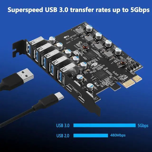 Alt view image 2 of 7 - WRIARICH PCIE USB 3.0 Card 7 Ports(2X USB C - 5X USB A), PCI Expree to USB Expansion Card Super Speed 5Gbps PCI-e USB3.0 Hub Controller Adapter for Windows 11/10/8/7/XP/Vista