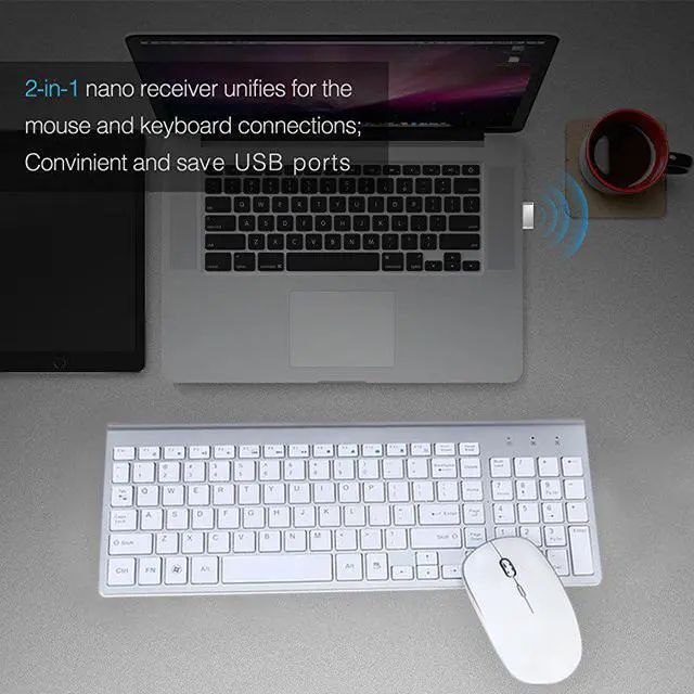 Alt view image 4 of 7 - 2.4G Wireless Keyboard and Mouse Combo, E168 2.4GHz Ultra Thin Full-Sized Silent Wireless Keyboard Mouse Combo with Number Pad for Computer, Laptop, PC, Notebook, Desktop, Windows 7, 8, 10 (White)