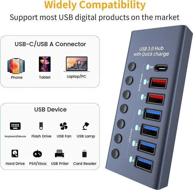 Alt view image 5 of 7 - 7 Ports 36W USB 3.0 Data Port, Aluminum Housing, Individual On/Off Switches, 12V/3A Power Adapter, 5Gbps High Speed, Charging Ports for Laptop, PC, Computer, Mobile HDD