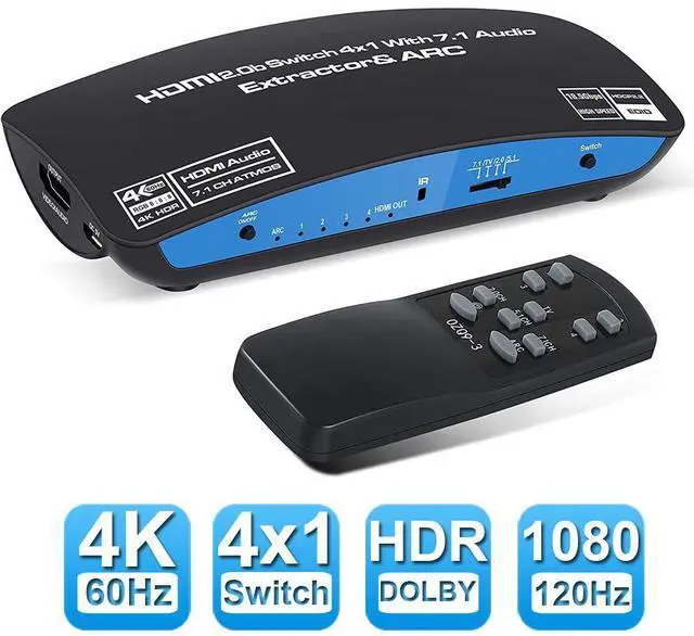 Main image of 4K 60Hz HDMI 2.0 Switch 4 in 1 Out with Audio Extractor (HDMI, 3.5mm AUX,Toslink, 7.1CH atmos Audio Out) and ARC, Support Remote/HDCP2.2/1080P/3D for TV 4K Home Theater - OZQ9-1