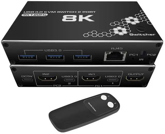 Main image of WRIARICH 4k 120Hz USB HDMI KVM Switch , 2 in 1 Out, 2 Port KVM Switch for 2 Computers 1 Monitor, 2 PCs Share 1 Monitor, 3*USB3.0 Devices and 1*RJ45 port, Keyboard, Mouse, Printer for Mac, Windows