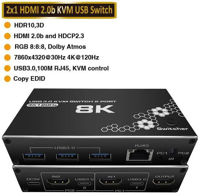 Main image of WRIARICH 4K 120Hz HDMI USB Network KVM Switch 2 in 1 Out Box, with 2 Computers 1 Monitor, 2 PCs Share 3USB3.0 and RJ45 Hubs, for Mac, Windows