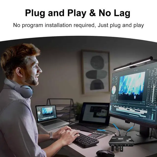 Alt view image 6 of 7 - WRIARICH 8K USB KVM Switch, 2 in 1 Out, UHD 4K@120Hz, 3 USB3.0 Hub, RJ45 Port, One Key Button Switch, Compatible with Most Keyboards and Mouse, 2 Computers Share 1 Monitor