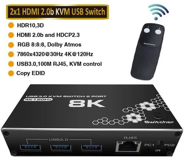 Main image of WRIARICH 4K HDMI USB Switch 2 in 1 Out HDMI Switcher 3USB3.0 Port Support 8K 30Hz 4K 120Hz HDCP 2.3 Ultra HD 3D For 2PC Share 1 Monitor and 3 USB3.0 Port and RJ45 Port for Keyboard, Mouse, Printer