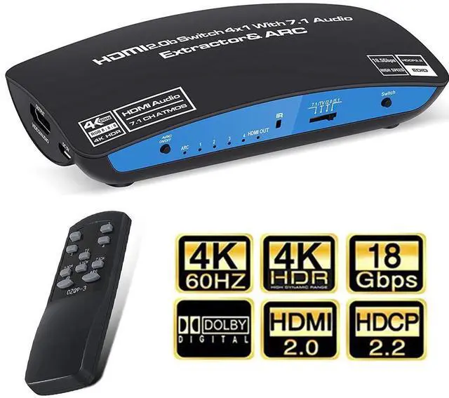 Main image of 4K@60Hz HDMI Switch Audio Extractor with Optical SPDIF + 3.5mm AUX + 7.1CH atmos Output, 4 in 1 Out HDMI Switcher Converter Support ARC, HDCP 2.2, RGB 8:8:8(7.1CH Dolby atmos),HDR 10 - OZQ9-1