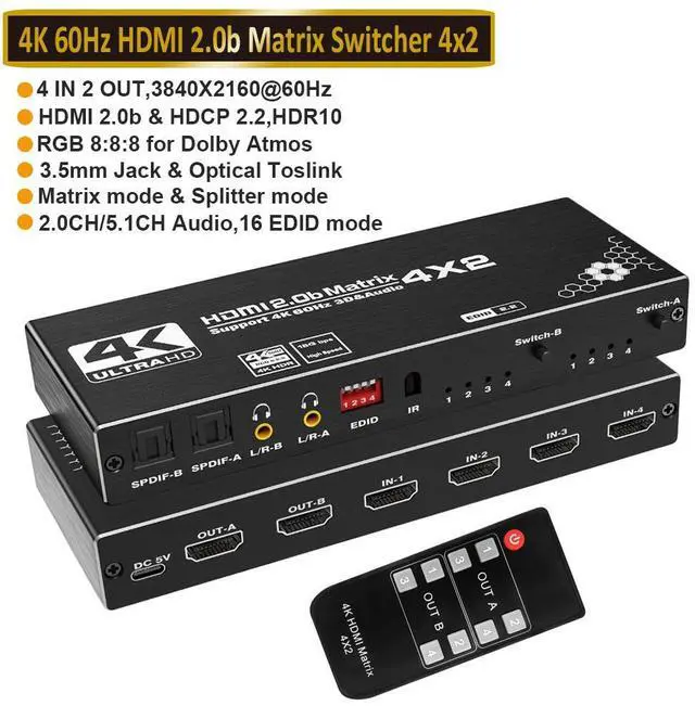 Main image of WRIARICH 4in 2out HDMI Matrix Switch, 4x2 Matrix HDMI Video Switcher Splitter +2xSPDIF& 2x3.5mm L/R Audio Output,Support Ultra HD 4K 60Hz,3D 1080P, EDID with IR Remote Control (OZJ1)