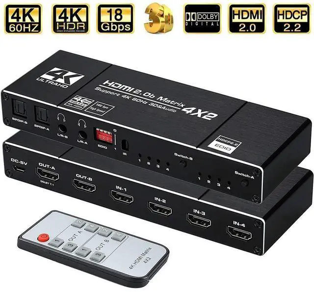 Main image of WRIARICH 4K@60Hz HDMI Matrix 4 in 2 Out, 4 X 2 Switcher with HDR10,2xSPDIF Audio, 2x3.5mm L/R Audio, EDID, Downscaler 4K to 1080P and RGB 8:8:8(Dolby ATMOS).