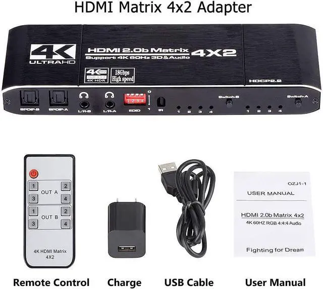 Alt view image 7 of 7 - WRIARICH 4K@60Hz HDMI Matrix 4 in 2 Out, 4 X 2 Switcher with HDR10,2xSPDIF Audio, 2x3.5mm L/R Audio, EDID, Downscaler 4K to 1080P and RGB 8:8:8(Dolby ATMOS).