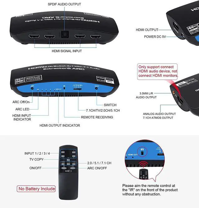 Alt view image 6 of 7 - 4 in 1 Out HDMI 2.0 Switch Audio Extractor 4K HDMI to HDMI to 7.1CH atmos/3.5mm AUX/Toslink Out, Support ARC, HDCP 2.2, RGB 8:8:8(7.1CH Dolby atmos),HDR 10 - OZQ9-1
