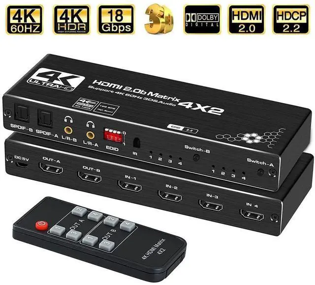 Main image of WRIARICH 4 in 2 Out HDMI Matrix Switch , 4K@60Hz 4x2 HDMI Matrix Switcher Splitter Box with 2xSPDIF Audio, 2x3.5mm L/R Audio and IR Remote Control Support 4K HDR, EDID, HDMI 2.0b, HDCP 2.2, 3D,1080P