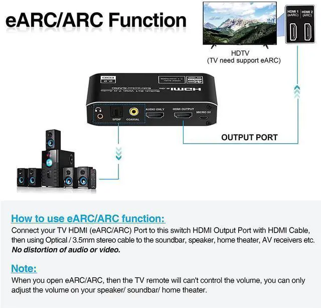 Alt view image 3 of 7 - 4K@60Hz HDMI 2.0b Switch with Audio Extractor, HDMI to HDMI + HDMI 7.1CH + Optical Toslink SPDIF + 3.5mm Audio, HDMI Audio Embedder Converter Adapter for PS5, Xbox, Fire Stick(Remote Control)