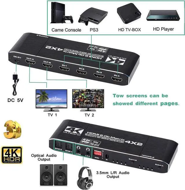 Alt view image 2 of 7 - WRIARICH 4K@60Hz HDMI Matrix Switch 4 X 2 Switcher 18G Ultra HD Supports Up to 4K @ 60Hz & 1080P EDID HDCP 2.2 HDR10- Remote Control (OZJ1-1)