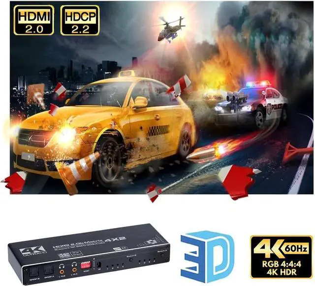 Alt view image 6 of 7 - WRIARICH 4K@60Hz HDMI Matrix Switch 4 X 2 Switcher 18G Ultra HD Supports Up to 4K @ 60Hz & 1080P EDID HDCP 2.2 HDR10- Remote Control (OZJ1-1)